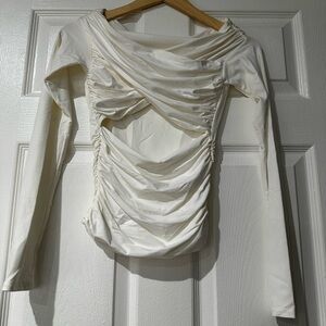 Meshki White Ruched Long Sleeve Blouse